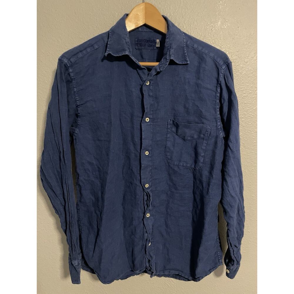 Les Copains Mens Shirt Small Navy Linen Long Sleeve Button Up Summer READ